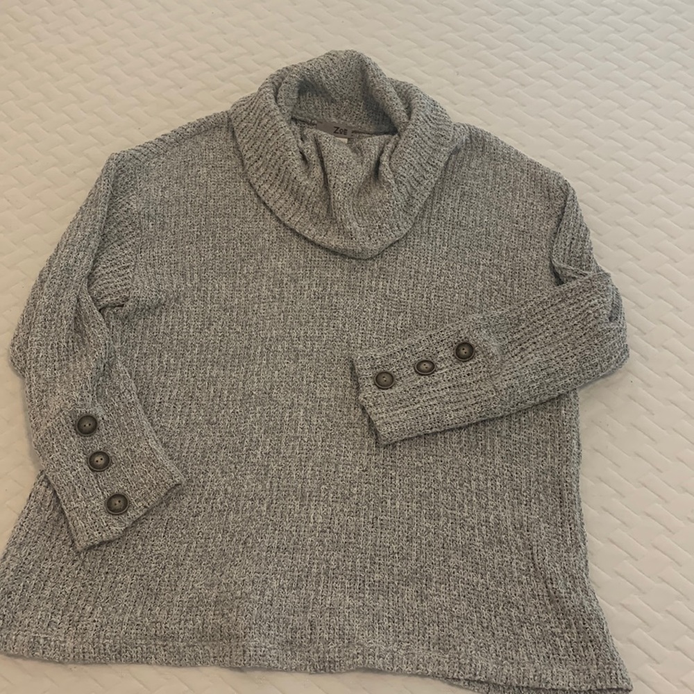 Cowl neck sweater. Grey with buttons on sleeves. Size L.